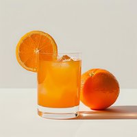 Fresh orange juice in glass with ice cubes and orange slice garnish, whole orange fruit beside on light background with soft shadows.