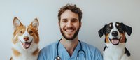 Smiling veterinarian in blue scrubs with stethoscope posing between two happy dogs - corgi and mixed breed companion pets showing joyful expressions.