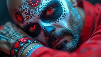 Dramatic close up portrait of bearded man with sugar skull face paint in red and blue lighting, featuring intricate floral patterns and glowing eyes for Halloween makeup art.