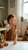Happy toddler girl with curly hair building wooden block tower in bright playroom with educational toys and books for early childhood development.