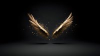 Golden angel wings with glowing particles floating on dark background, magical fantasy element for creative design and spiritual concepts.