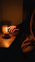 Cozy evening scene with hands warming by candlelight, coffee cup and blanket creating intimate atmosphere for relaxation and comfort at home.