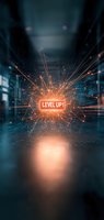 Glowing "Level Up" text with explosive light effects against dark futuristic background, orange sparks and blue technology elements create dynamic gaming atmosphere.