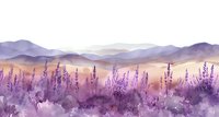 Dreamy watercolor landscape with purple lavender field and misty mountains, perfect for wall art, textile design, and romantic nature-themed projects.