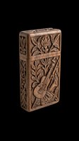 Carved wooden box with intricate floral and guitar motifs, isolated on transparent background. Ready for print on demand, stickers, T-shirt design, and clipart use.
