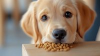 Adorable golden retriever puppy with blue eyes looking at kibble dog food on wooden surface, pet nutrition and feeding concept for veterinary care.