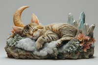 Sleeping tabby cat on magical cloud bed with golden crescent moon, crystal quartz points, and delicate succulents in dreamy fantasy composition against neutral background.