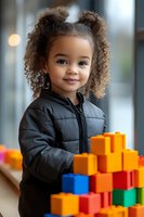 Young African American girl with curly hair in black winter jacket playing with colorful building blocks at daycare center, showing early childhood development and learning.