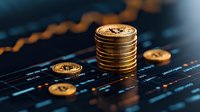 Stack of golden cryptocurrency coins on digital trading chart background showing market price fluctuations and financial data analysis for investment.