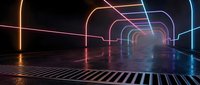 Futuristic neon tunnel with glowing colorful lights creating perspective depth on reflective floor. Modern sci-fi corridor with vibrant pink blue orange illumination.