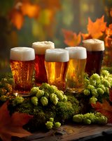Assortment of craft beer glasses with foam heads surrounded by fresh hops and autumn leaves, creating seasonal harvest atmosphere.