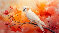 White cockatoo perched on blooming cherry blossom branch against vibrant orange and red cloudy sky background, creating dramatic nature scene.