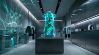 Futuristic retail store interior with holographic display technology and modern minimalist design for commercial shopping spaces.