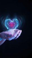 Glowing blue energy heart floating above cupped hands against dark background. Digital art concept for love, care, healing, protection and spiritual wellness.