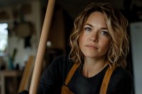 Confident female artisan in brown leather apron and dark sweater with tousled blonde hair gazing thoughtfully in workshop setting with natural lighting.