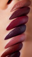 Macro shot of lipstick swatches in various dark burgundy, wine, and plum shades on light skin, showcasing rich matte and shimmer textures for makeup and cosmetics marketing.