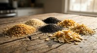 Various organic grains and seeds arranged on rustic wooden surface in warm natural kitchen lighting for healthy cooking and nutrition concepts.