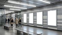Commuters walking through modern subway station with illuminated blank advertising billboards on tiled walls for transit marketing.