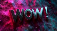 Bold metallic WOW text floating in vibrant cosmic nebula with pink and teal colors creating dramatic space atmosphere for marketing and advertising designs.