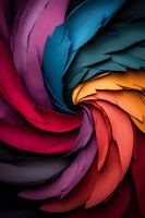 Vibrant spiral arrangement of colorful paper or fabric layers in pink, blue, orange, red, and purple tones creating a dynamic swirling pattern against dark background.