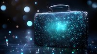 Glowing turquoise briefcase silhouette filled with cosmic starry pattern against dark background with bokeh lights creates magical business concept.