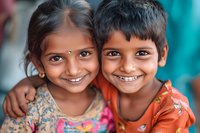 Smiling South Asian children embracing, showcasing friendship and joy with bright traditional clothing against blurred background.
