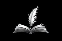 Open book with white feather quill floating above pages against black background, creating dramatic contrast and symbolizing literature, writing, and storytelling.