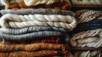 Cozy stack of folded knitted sweaters and warm winter clothing in neutral earth tones and natural wool textures, showing layers of soft fabric patterns.