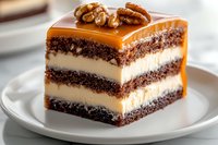 Layered chocolate cake slice with vanilla cream filling, topped with salted caramel sauce and pecans served on white plate, close up view of dessert.