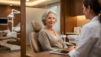 Senior woman patient consulting with female dentist in modern dental office during routine checkup appointment.