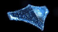Glowing blue crystal shard with sparkling particles against black background creates magical atmosphere, suitable for fantasy and mystical designs.