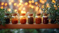 Glass jars filled with colorful spices and seasonings on wooden shelf against warm bokeh lights background with decorative green plants and holiday atmosphere.