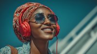 Young African woman with colorful headwrap and sunglasses listening to music with red headphones, smiling joyfully against blue background.