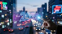 Businessman touching futuristic holographic display showing 2026 year with digital interface elements against blurred city lights background at night.