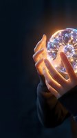 Hand holding glowing orb with neural network patterns, representing artificial intelligence, innovation, technology, and digital transformation against dark background.