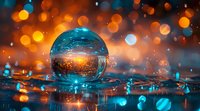 Crystal ball on wet surface reflects magical evening cityscape with orange and blue bokeh lights creating dreamy atmosphere. Raindrops add sparkle to composition.