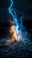 Dramatic lightning bolt striking turbulent ocean waves at night, creating explosive spray and golden sparks against dark stormy sky. Perfect for weather, nature, and power concepts.