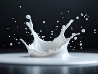 Dramatic milk crown splash with droplets frozen in motion against dark background, capturing dynamic liquid movement and creating artistic shape for dairy advertising.
