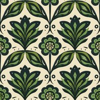 Seamless folk art pattern with stylized green leaves and flowers on cream background. Repeating botanical motif in traditional Scandinavian style for fabric and wallpaper.