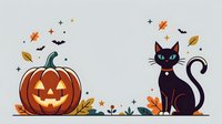 Carved jack-o-lantern pumpkin with glowing face and black cat with autumn leaves, bats, and stars on white background for Halloween designs.