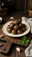 Homemade meatballs on white plate with fresh parsley and garlic on rustic wooden cutting board in cozy kitchen setting for comfort food recipes.