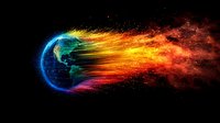 Planet Earth dissolving into colorful cosmic dust and energy trails against black space background, blue and orange glowing particles creating dramatic effect.