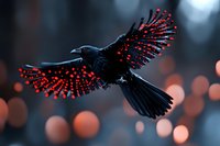 Mystical black raven with glowing red wings soars against blurred bokeh background, creating dramatic fantasy atmosphere for dark gothic designs.