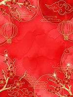 Red Chinese New Year background with golden lanterns, plum blossoms and traditional cloud patterns for festive celebration designs and holiday decorations.