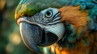 Colorful macaw parrot head close-up showing detailed feathers, beak and eye. Tropical bird portrait for wildlife and nature themes.