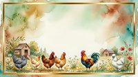 Watercolor farm scene with chickens, rooster, and countryside cottage surrounded by wildflowers and pastoral landscape, suitable for farmhouse decor, greeting cards, and rustic design projects.