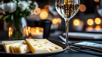Swiss cheese slices on white plate with wine glass in foreground, romantic dinner setting with soft bokeh lights and candlelit ambiance in background.