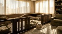 Modern spa relaxation room with wooden treatment beds, soft natural lighting through sheer curtains, and built-in shelving for wellness retreat interior.