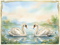 Two white swans face each other on calm lake water surrounded by lush green vegetation and distant mountains under soft sky, framed with decorative gold border, suitable for romantic greeting cards, wedding invitations, and nature-themed home decor.