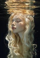 Young woman with blonde wavy hair underwater, eyes closed in serene expression as golden light plays across rippling surface, creating ethereal atmospheric portrait.